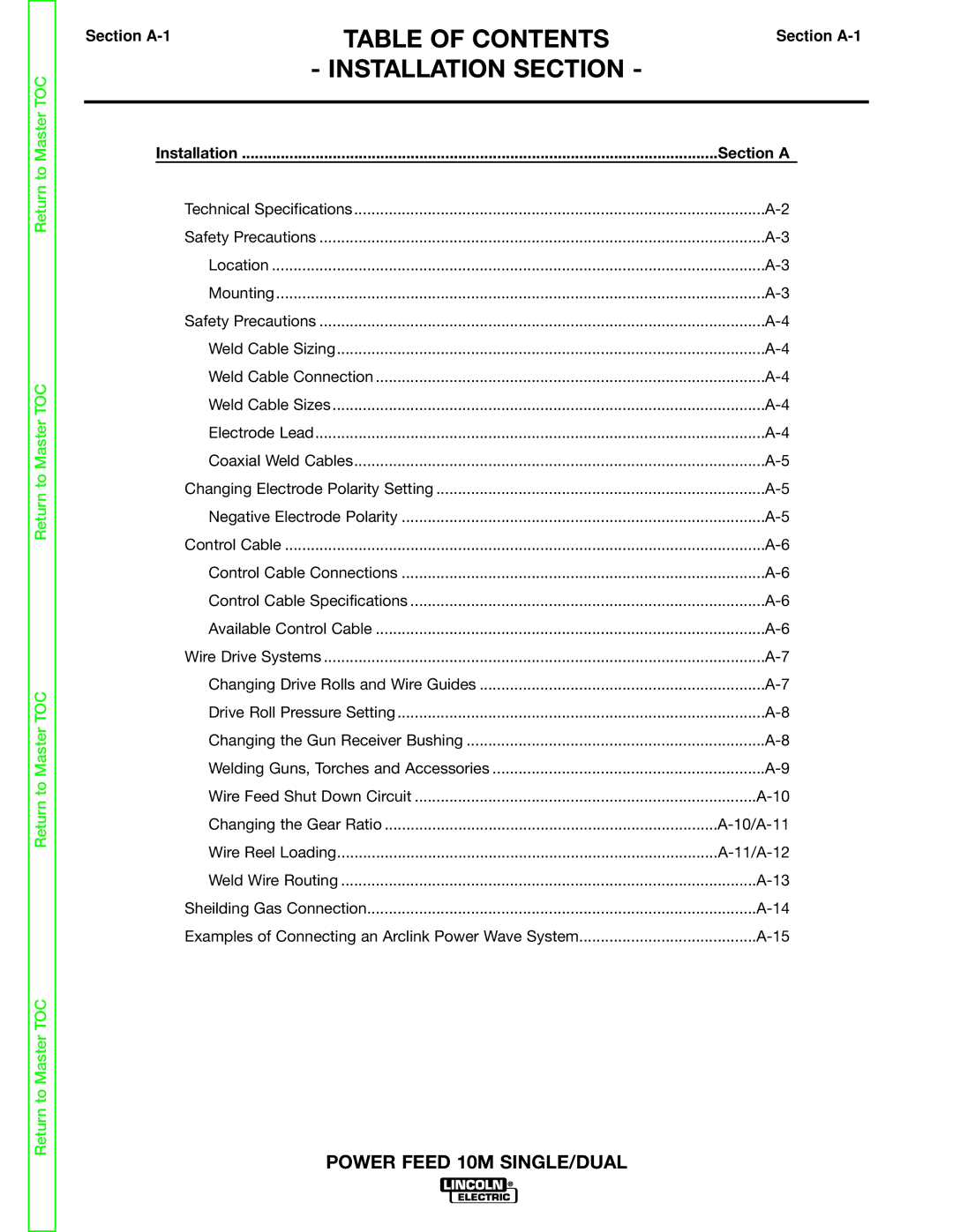 Lincoln Electric SVM172-A service manual Table of Contents, Installation Section, Section A-1 