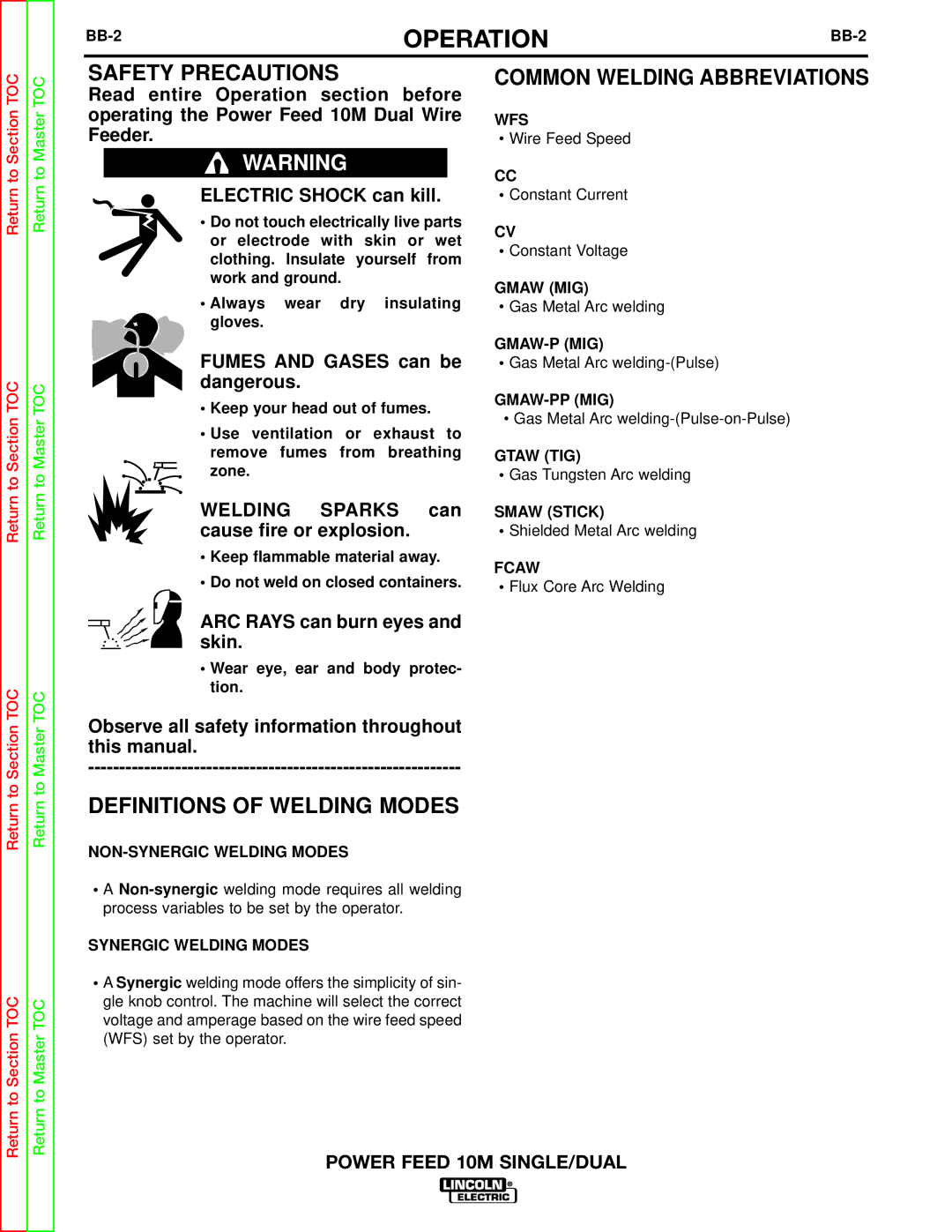 Lincoln Electric SVM172-A Safety Precautions, Definitions of Welding Modes Common Welding Abbreviations, BB-2, Fcaw 