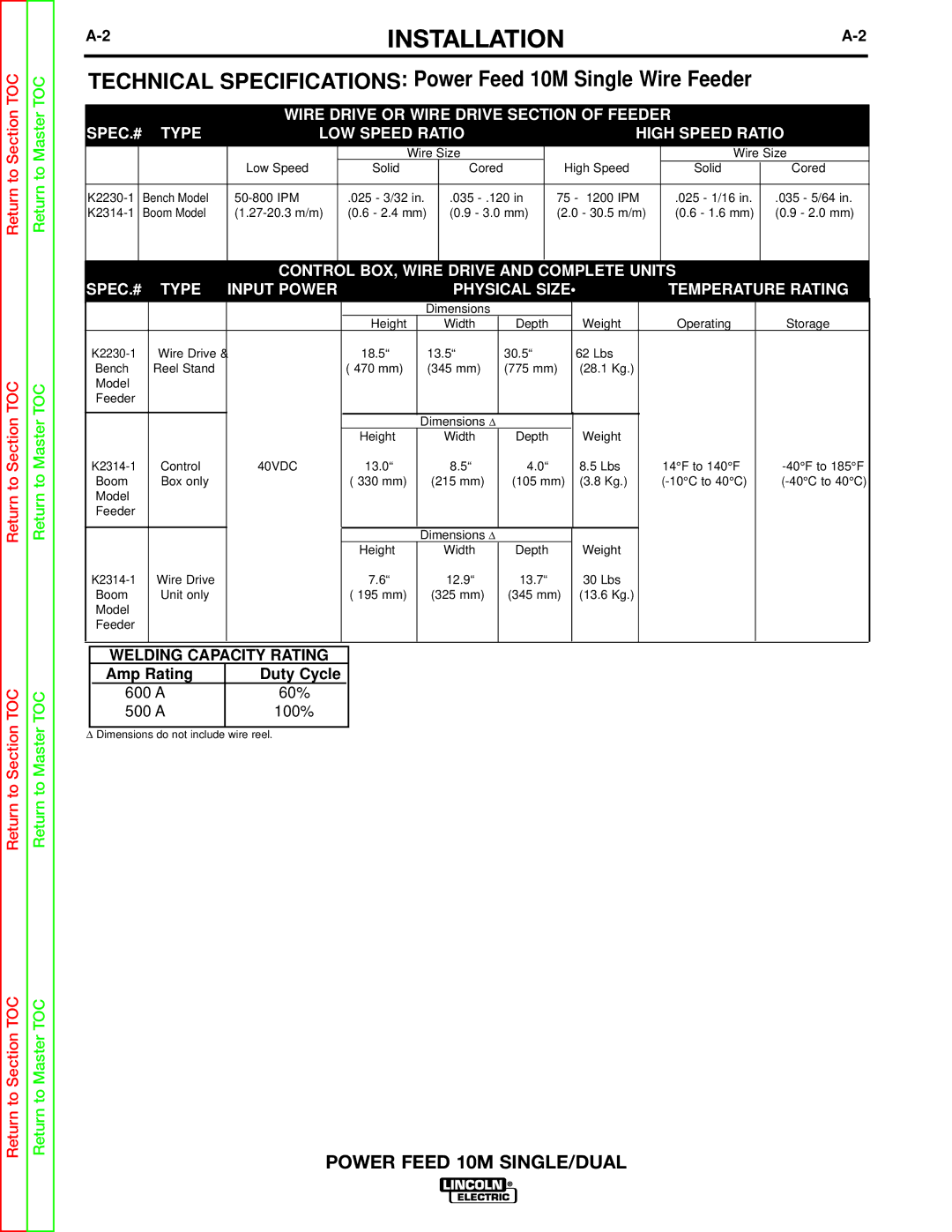 Lincoln Electric SVM172-A service manual Installation, Welding Capacity Rating, Amp Rating Duty Cycle 