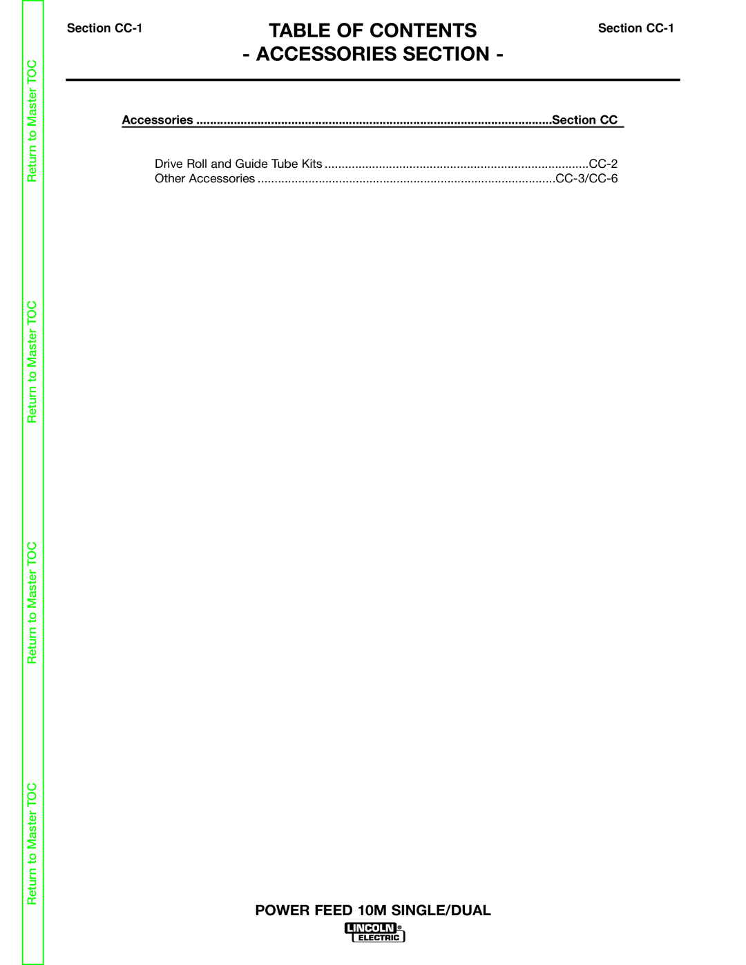 Lincoln Electric SVM172-A service manual Table of Contents, Section CC-1 