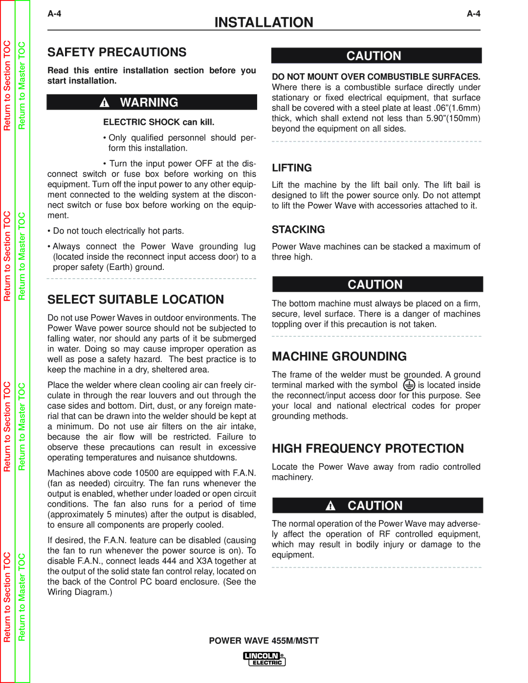 Lincoln Electric SVM173-A Safety Precautions, Select Suitable Location, Machine Grounding, High Frequency Protection 