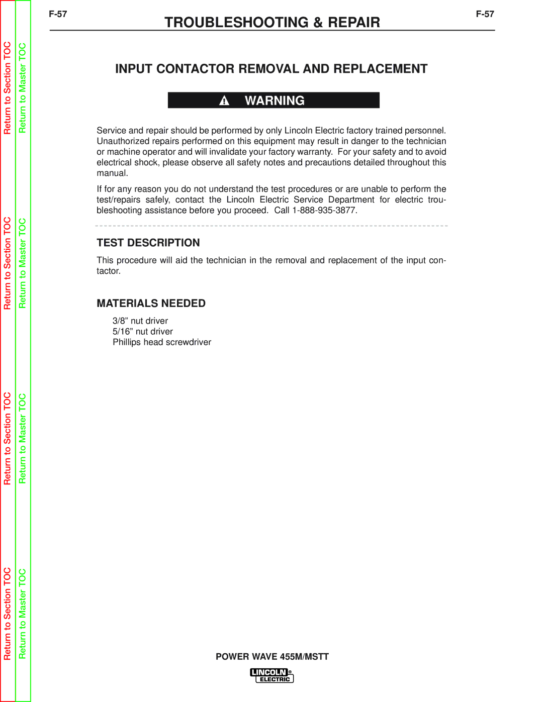 Lincoln Electric SVM173-A service manual Input Contactor Removal and Replacement, Test Description 