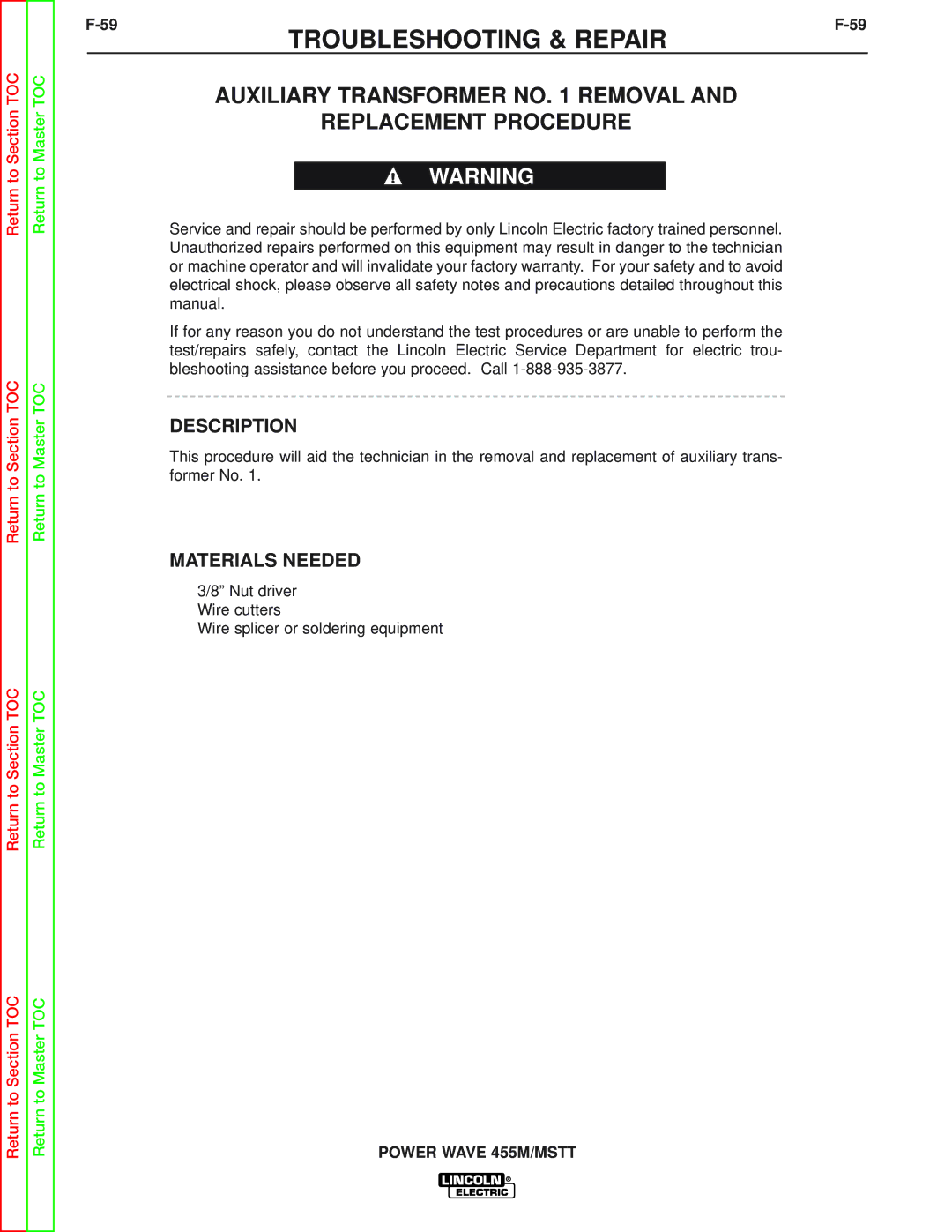 Lincoln Electric SVM173-A service manual Auxiliary Transformer no Removal Replacement Procedure, Description 