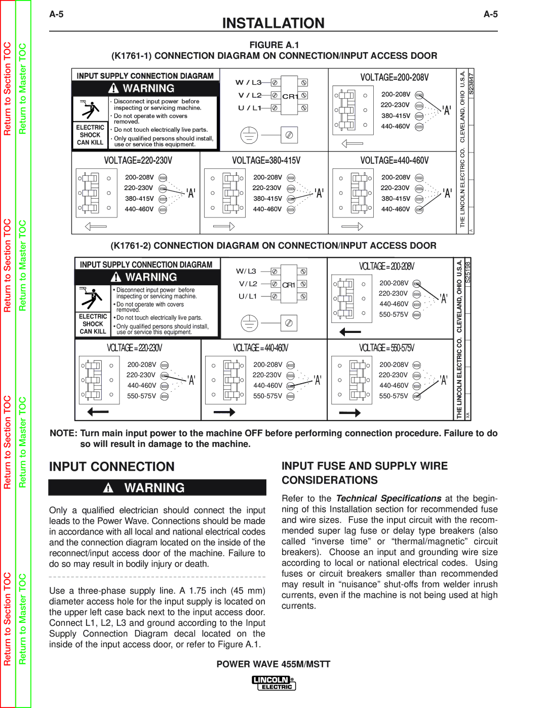 Lincoln Electric SVM173-A service manual Input Connection, VOLTAGE=200-208V 