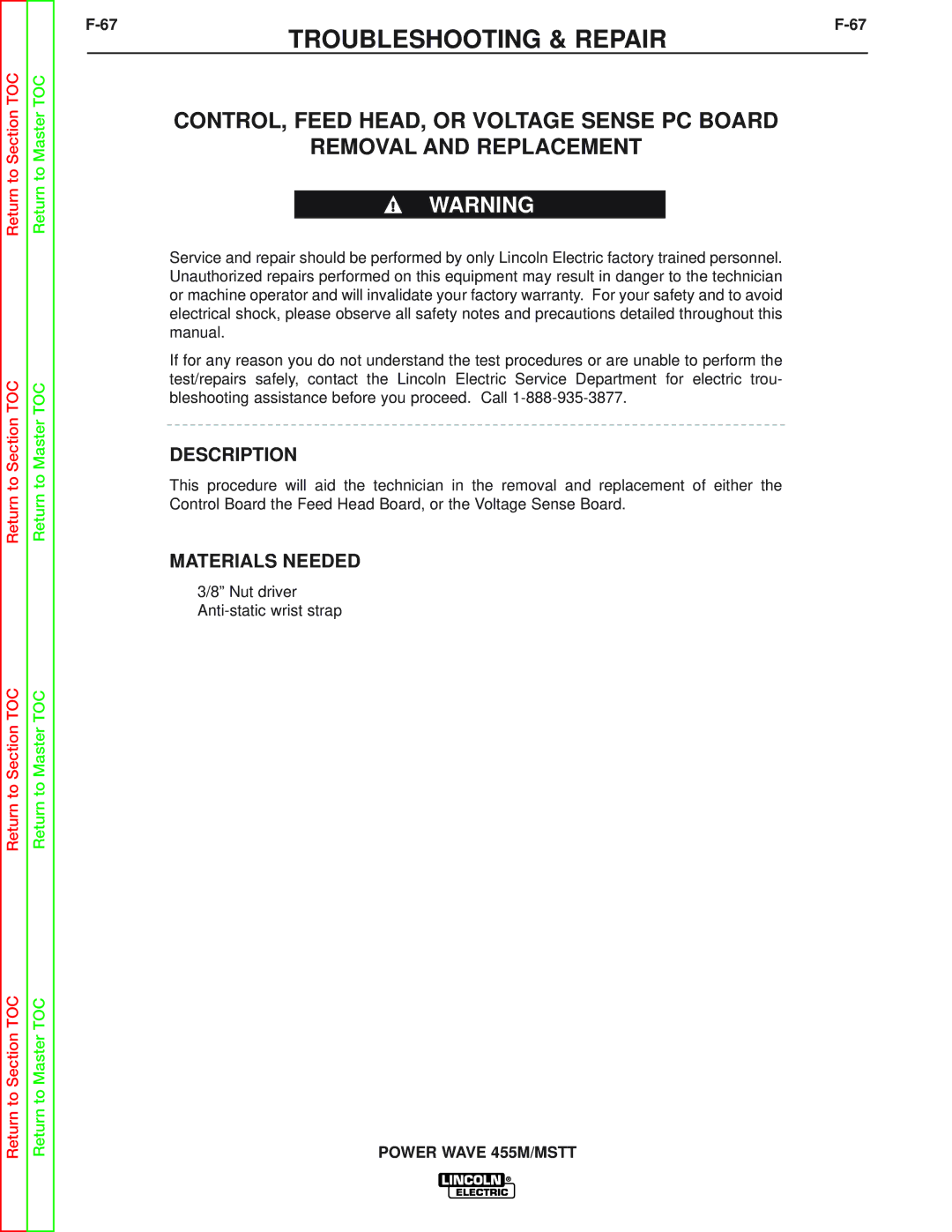 Lincoln Electric SVM173-A service manual Nut driver Anti-static wrist strap 