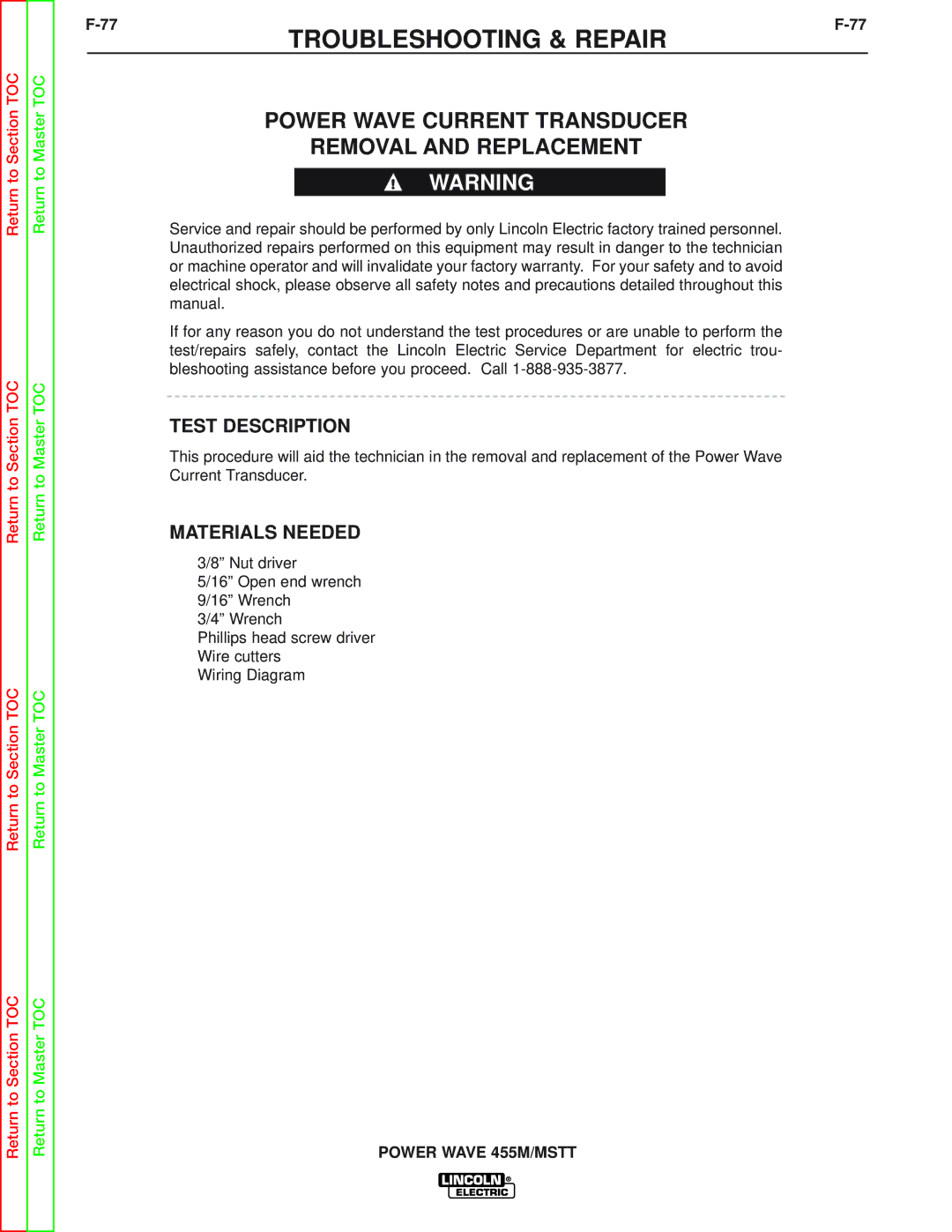 Lincoln Electric SVM173-A service manual Power Wave Current Transducer Removal and Replacement, Test Description 