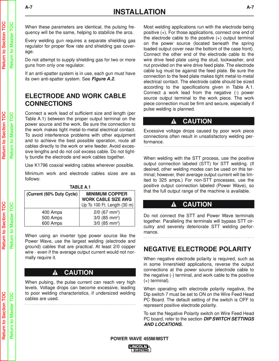 Lincoln Electric SVM173-A service manual Electrode and Work Cable Connections, Negative Electrode Polarity 