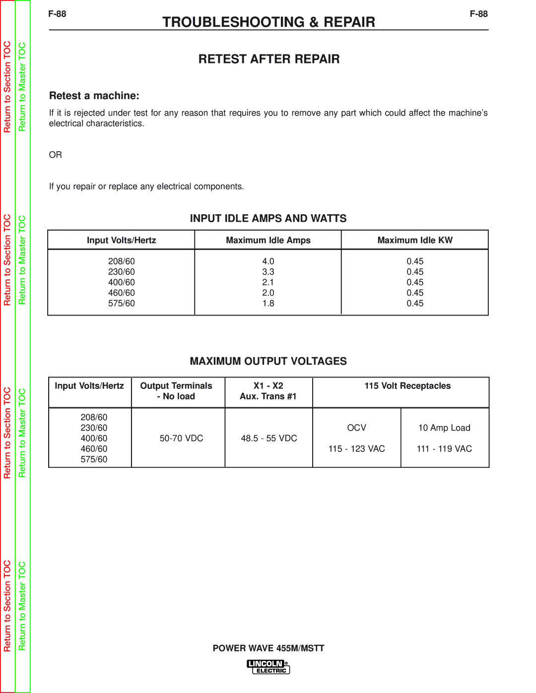 Lincoln Electric SVM173-A service manual Retest After Repair, Input Idle Amps and Watts, Maximum Output Voltages 