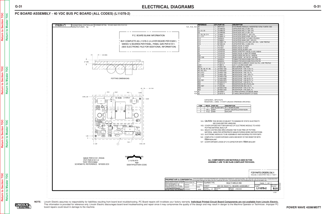 Lincoln Electric SVM173-A service manual PC Board Assembly 40 VDC BUS PC Board ALL Codes L11078-2 