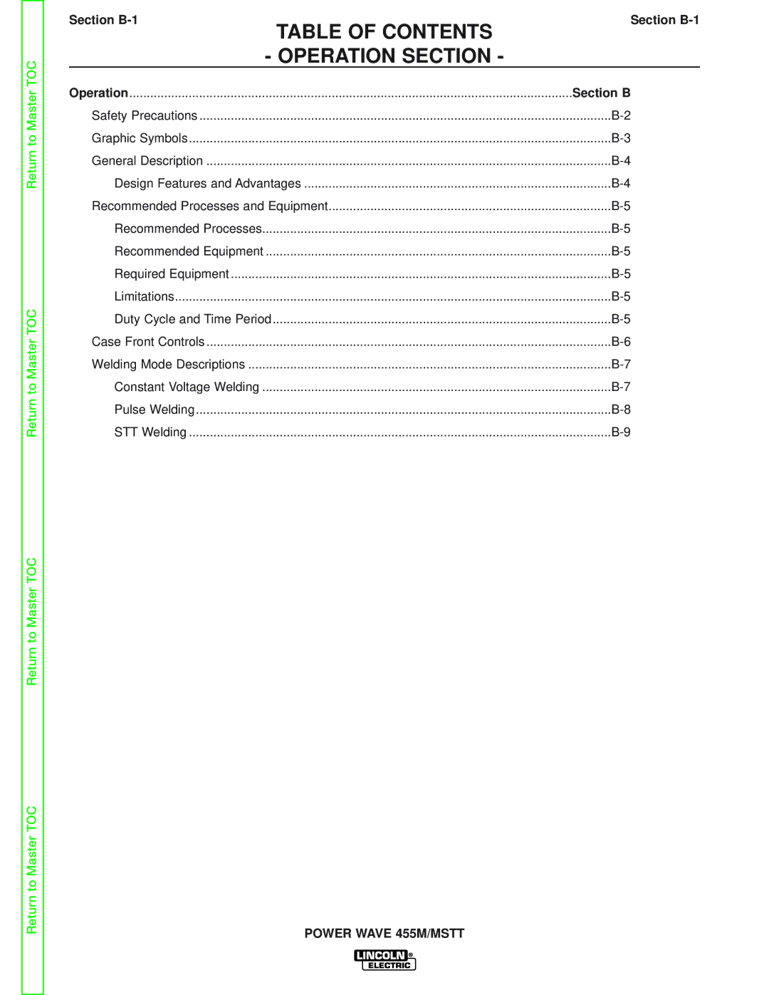 Lincoln Electric SVM173-A service manual Table of Contents Operation Section 