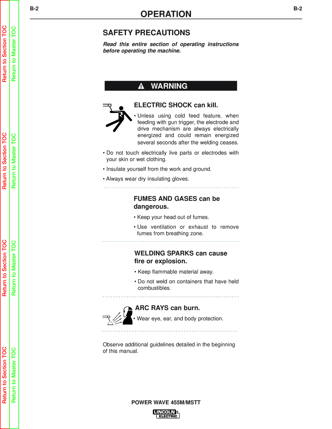 Lincoln Electric SVM173-A service manual Operation, Electric Shock can kill 