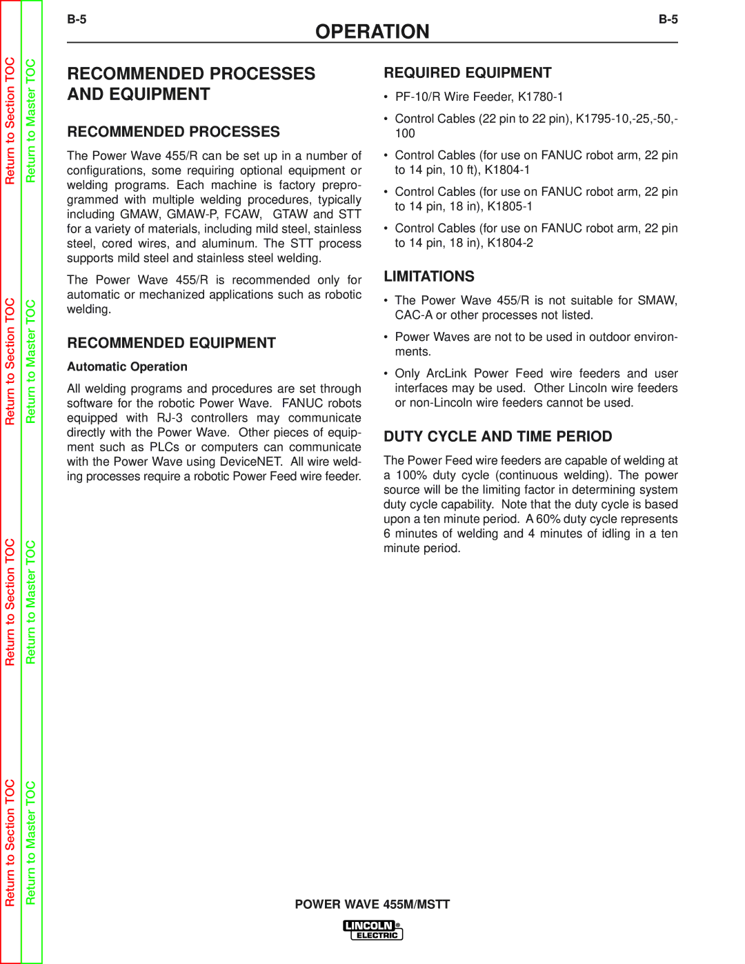 Lincoln Electric SVM173-A service manual Recommended Processes, Recommended Equipment 