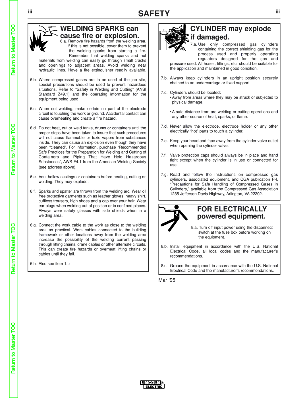 Lincoln Electric SVM173-A service manual Welding Sparks can cause fire or explosion 