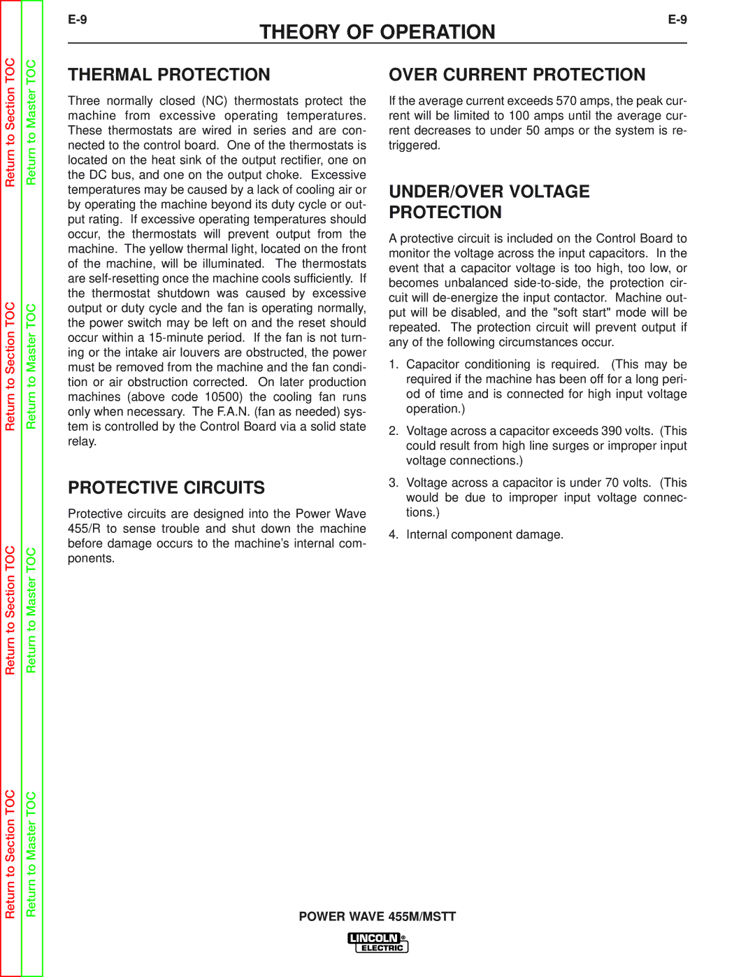 Lincoln Electric SVM173-A Thermal Protection, Protective Circuits, Over Current Protection, UNDER/OVER Voltage Protection 