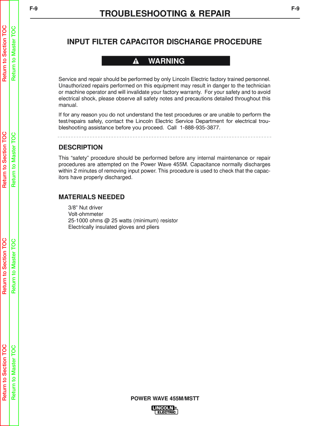 Lincoln Electric SVM173-A service manual Input Filter Capacitor Discharge Procedure, Description, Materials Needed 