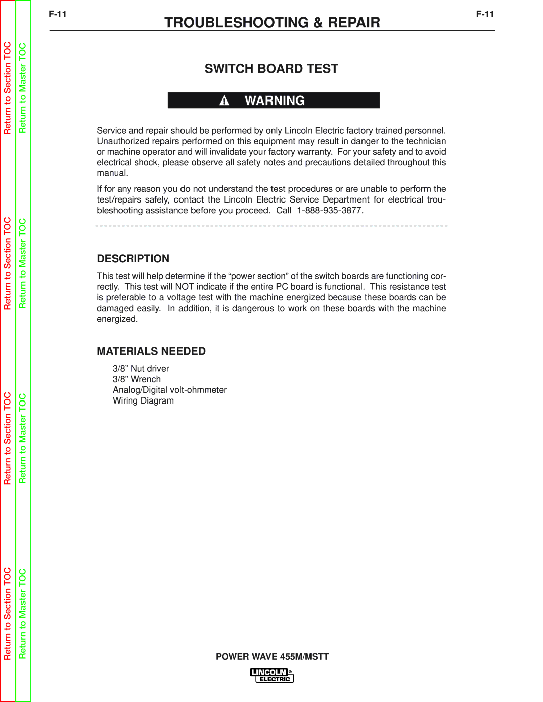 Lincoln Electric SVM173-A service manual Switch Board Test 