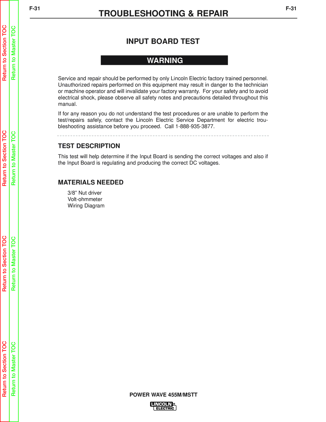 Lincoln Electric SVM173-A service manual Input Board Test, Test Description 