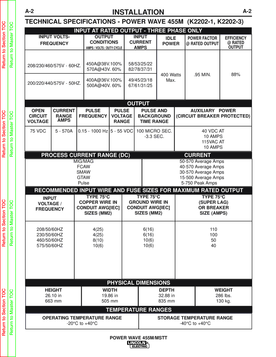 Lincoln Electric SVM173-A service manual Installation, Technical Specifications Power Wave 455M K2202-1, K2202-3 