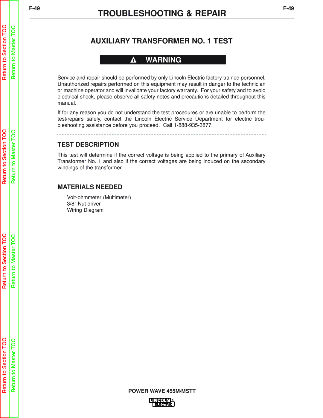 Lincoln Electric SVM173-A service manual Auxiliary Transformer no Test 