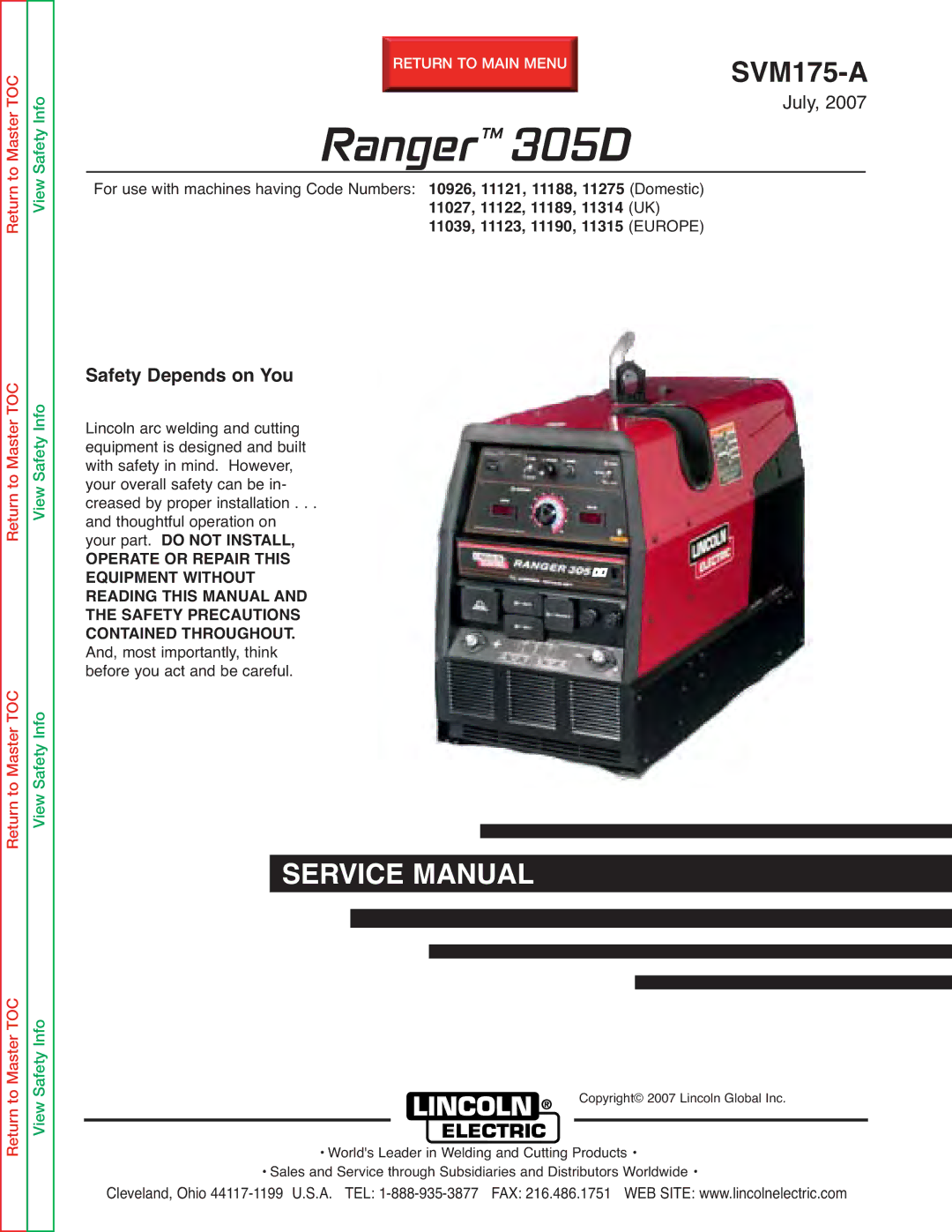 Lincoln Electric SVM175-A service manual RangerTM 305D 