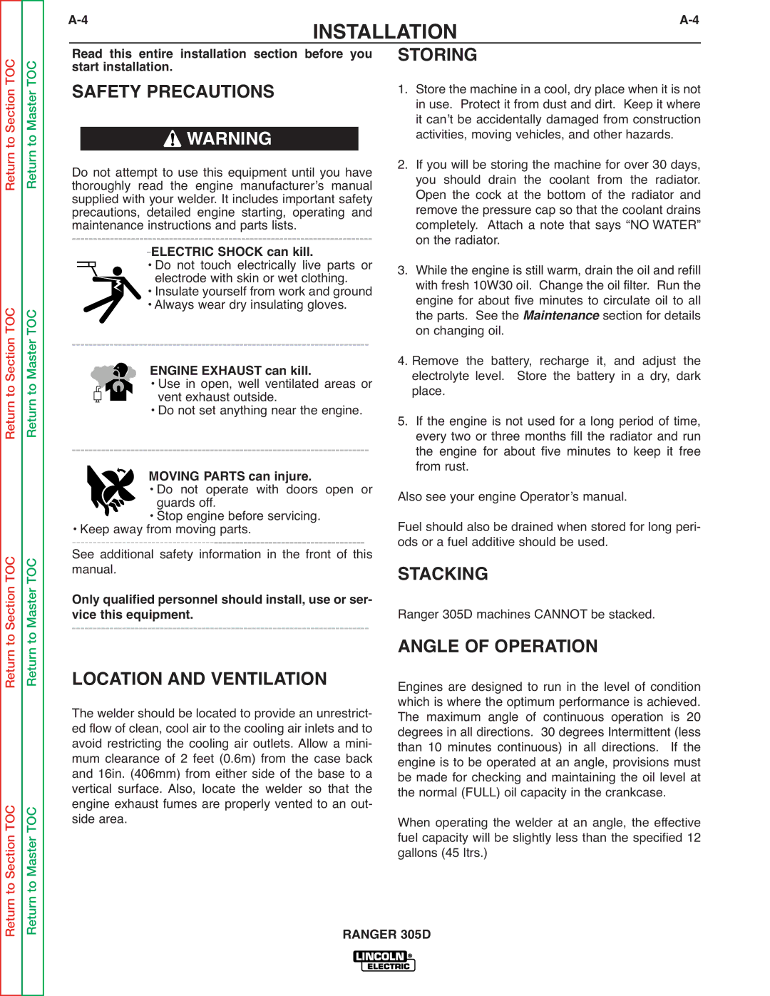 Lincoln Electric SVM175-A service manual Storing, Safety Precautions, Stacking, Angle of Operation Location and Ventilation 