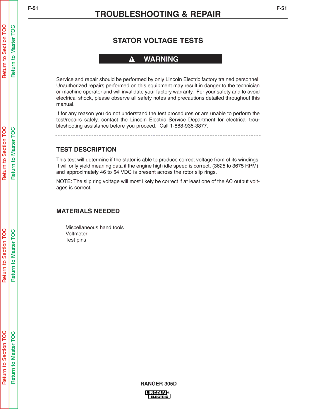 Lincoln Electric SVM175-A service manual Stator Voltage Tests, 51F-51 