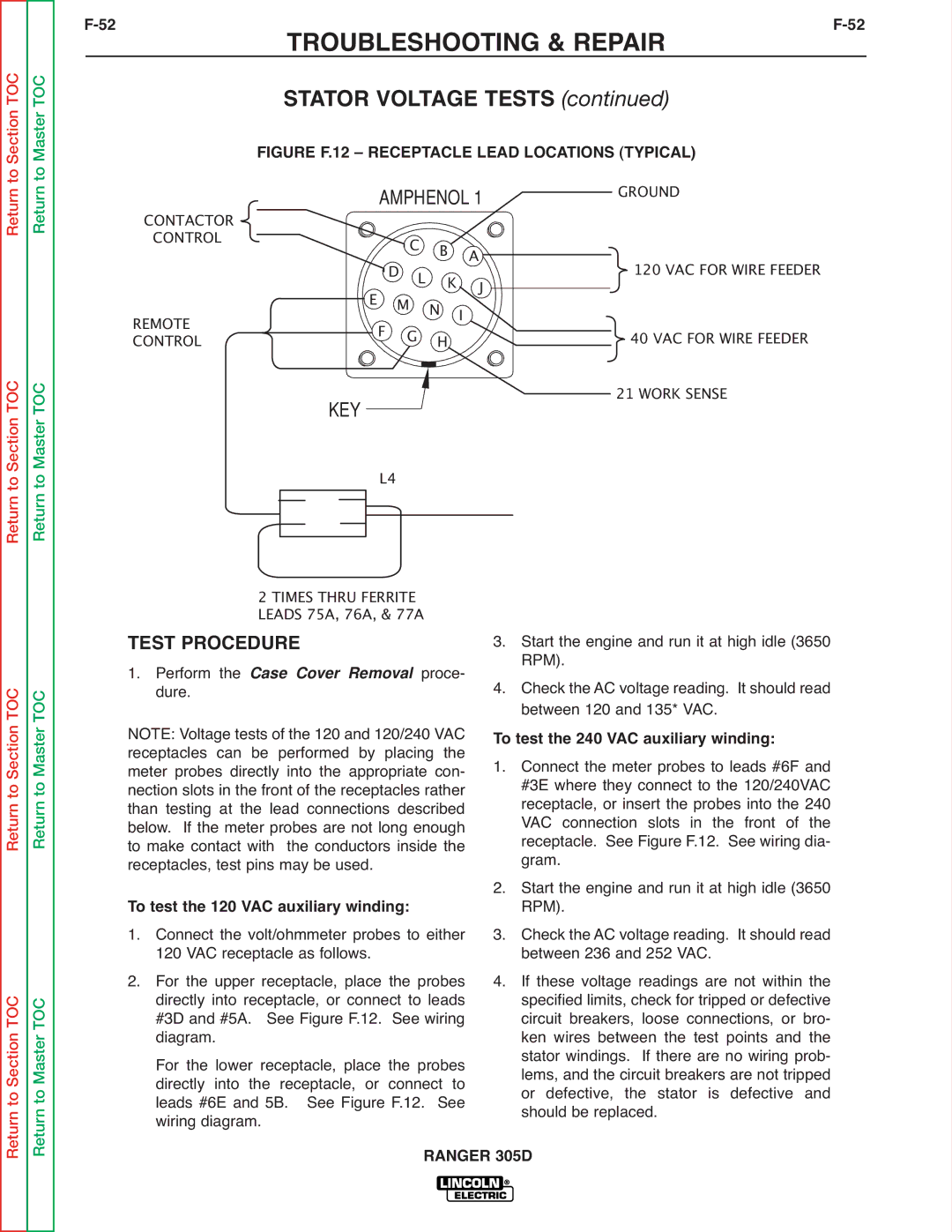 Lincoln Electric SVM175-A service manual Stator Voltage Tests, To test the 120 VAC auxiliary winding 