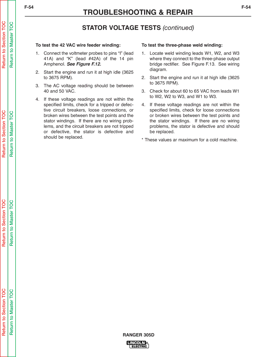 Lincoln Electric SVM175-A service manual To test the 42 VAC wire feeder winding, To test the three-phase weld winding 