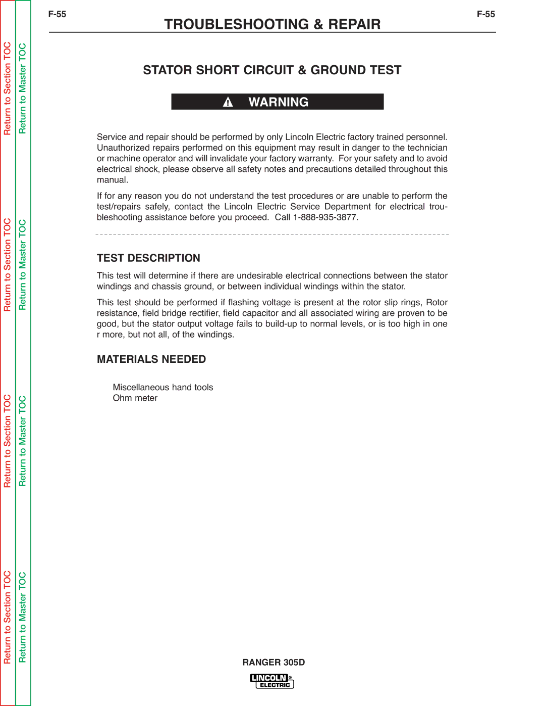 Lincoln Electric SVM175-A service manual Stator Short Circuit & Ground Test, 55F-55 