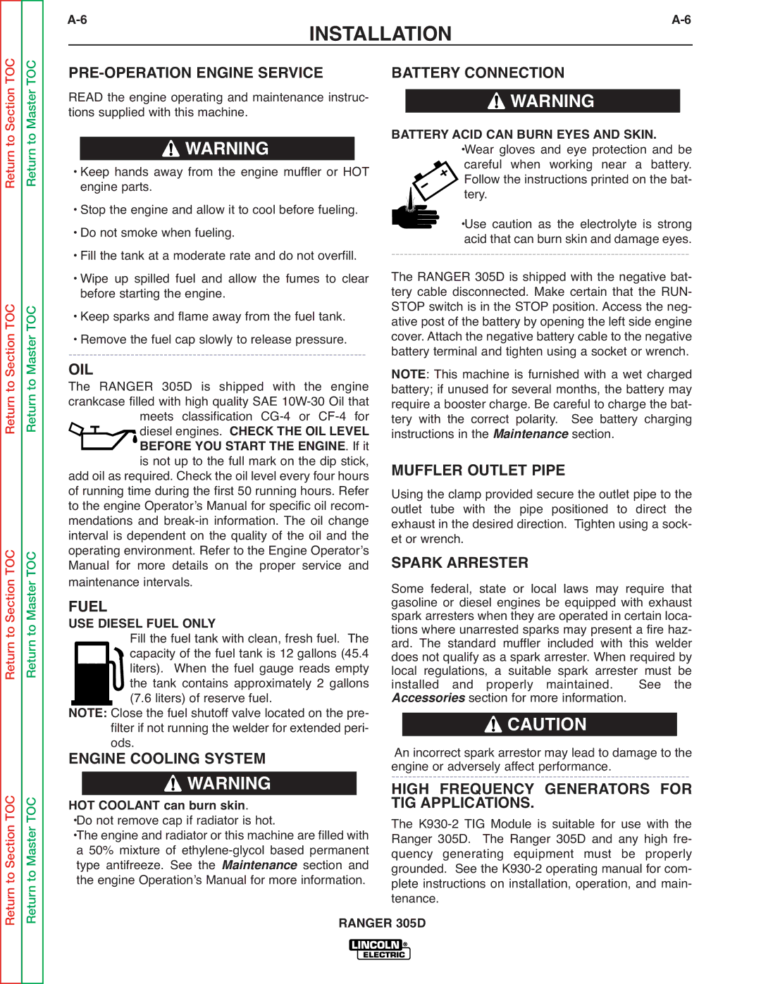 Lincoln Electric SVM175-A PRE-OPERATION Engine Service Battery Connection, Oil, Muffler Outlet Pipe, Spark Arrester, Fuel 