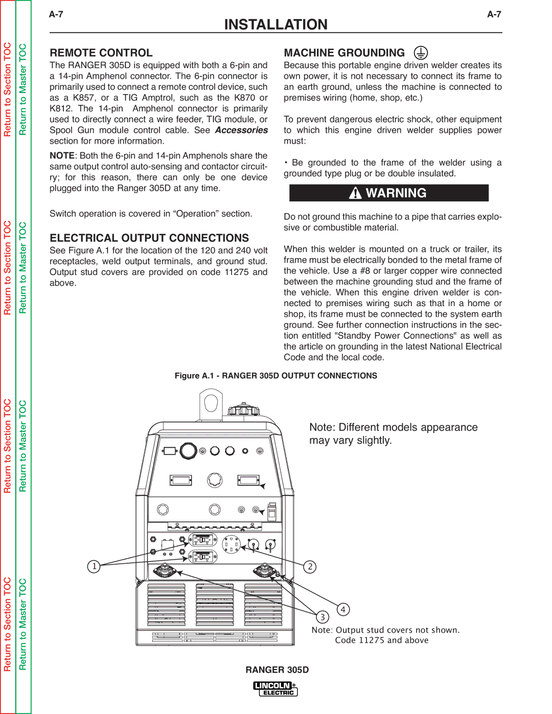 Lincoln Electric SVM175-A service manual Remote Control Machine Grounding, Electrical Output Connections, Accessories 