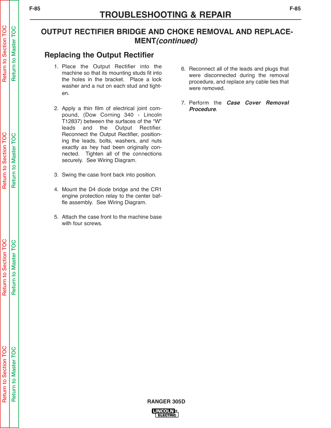 Lincoln Electric SVM175-A service manual Replacing the Output Rectifier, Perform the Case Cover Removal 