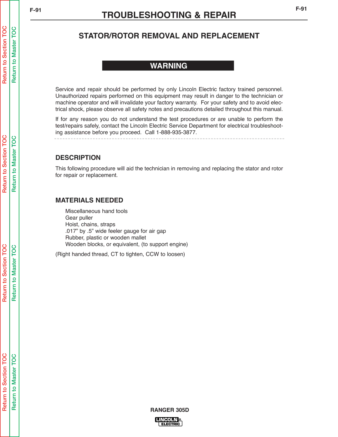 Lincoln Electric SVM175-A service manual STATOR/ROTOR Removal and Replacement, Description 