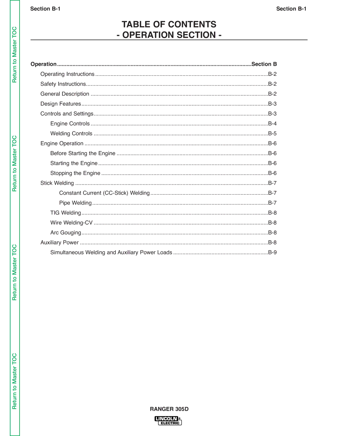 Lincoln Electric SVM175-A service manual Operation Section, Section B-1 