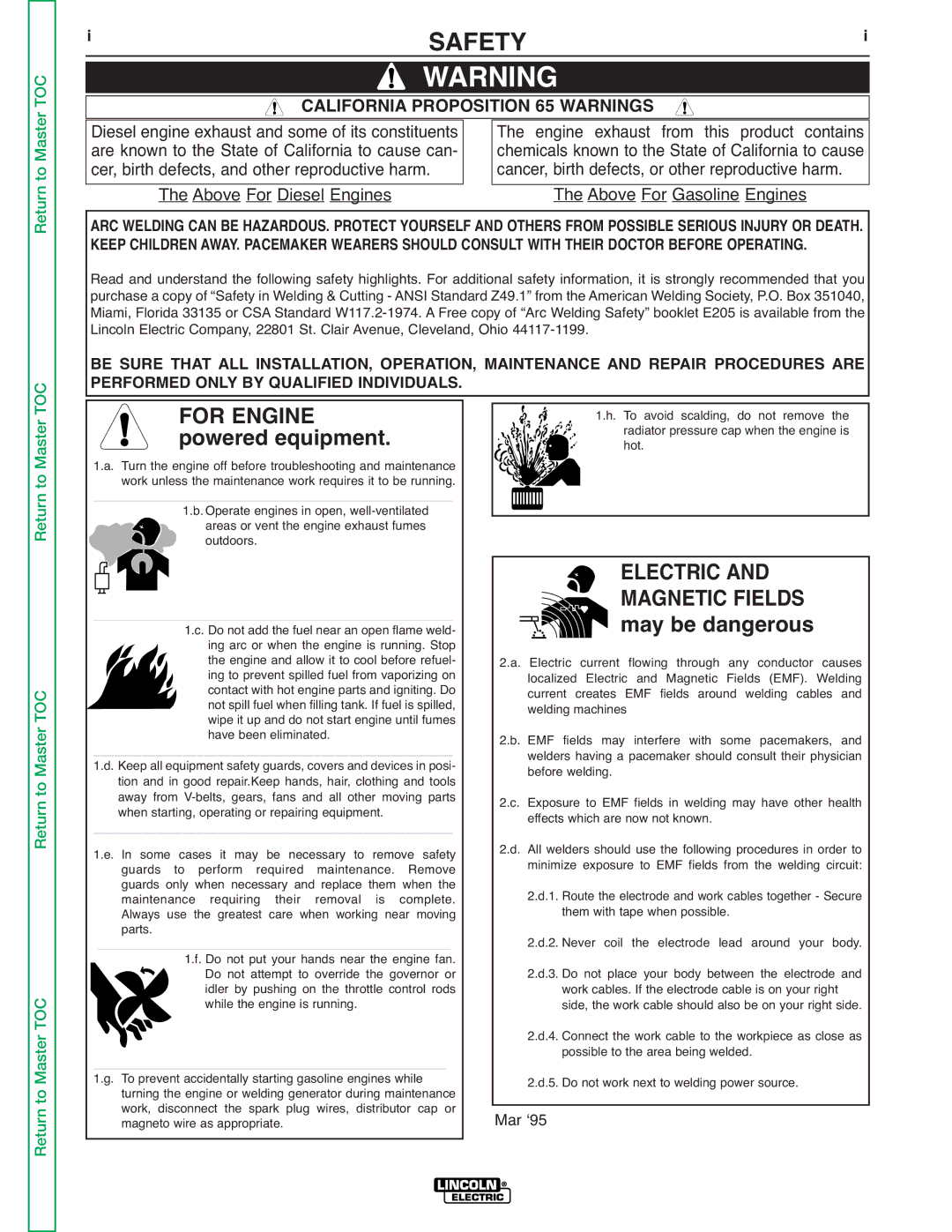 Lincoln Electric SVM175-A service manual Safety, For Engine, Powered equipment, Electric Magnetic Fields, May be dangerous 