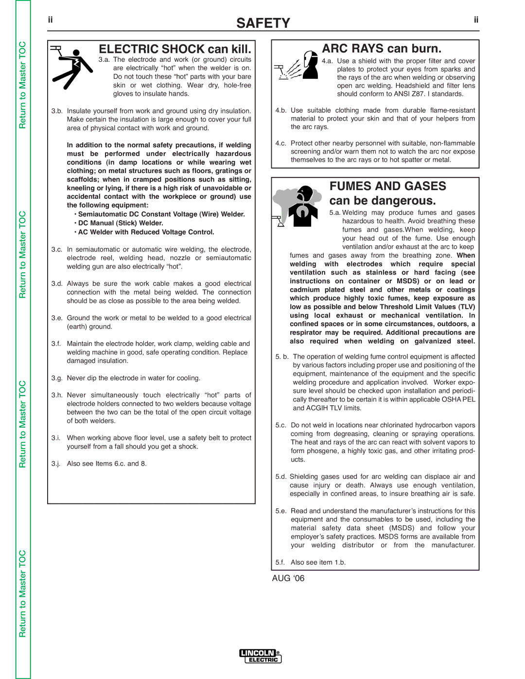 Lincoln Electric SVM175-A service manual Electric Shock can kill ARC Rays can burn, Fumes and Gases, Can be dangerous 