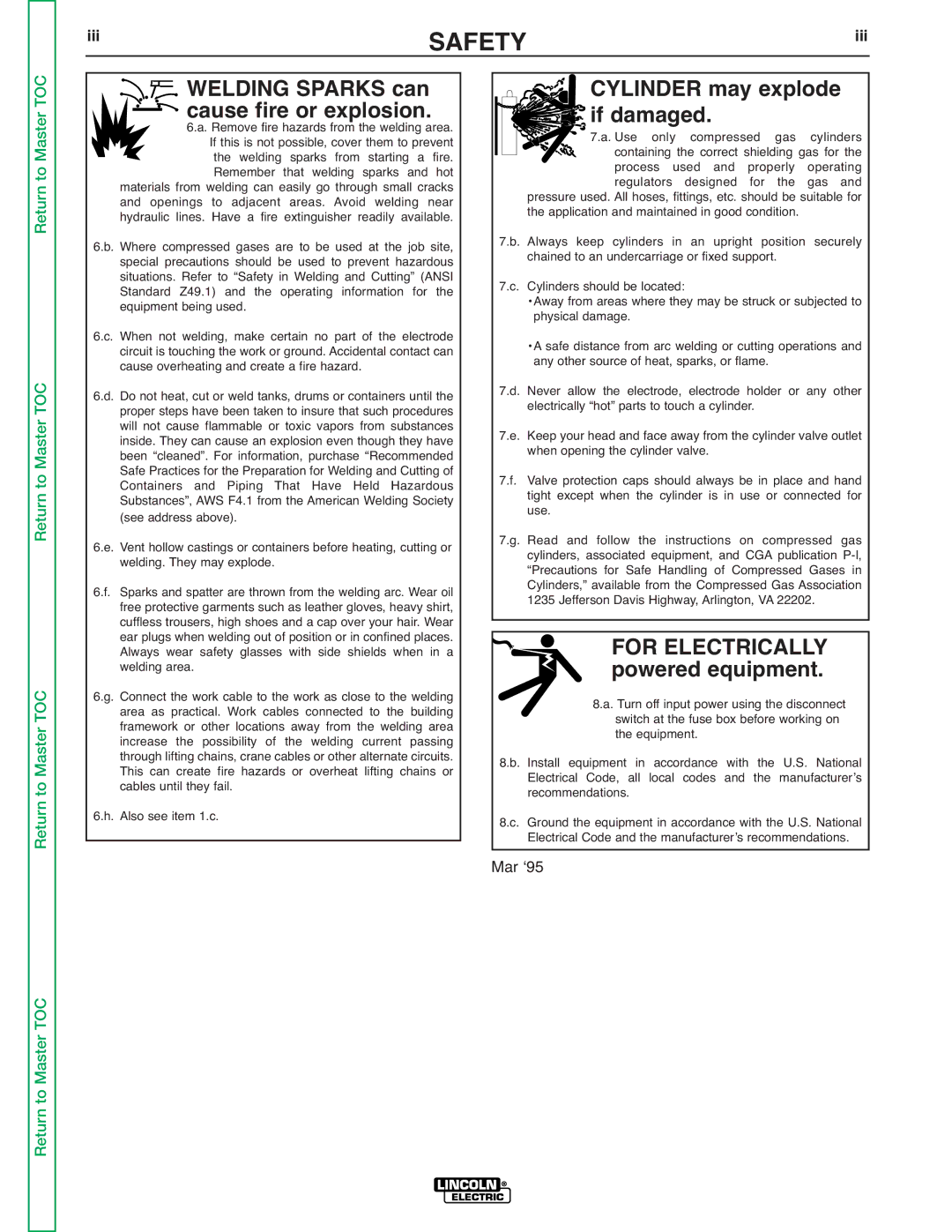 Lincoln Electric SVM175-A service manual Cylinder may explode, Cause fire or explosion If damaged, For Electrically, Iii 