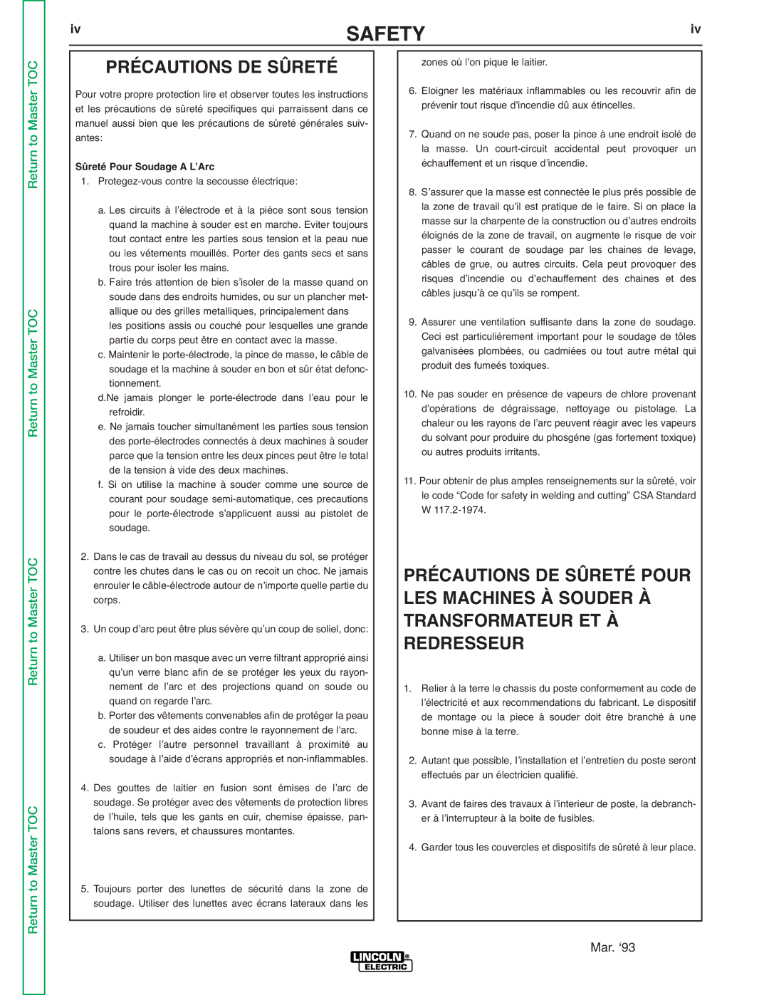 Lincoln Electric SVM175-A Précautions DE Sûreté Pour, LES Machines À Souder À, Transformateur ET À, Redresseur 