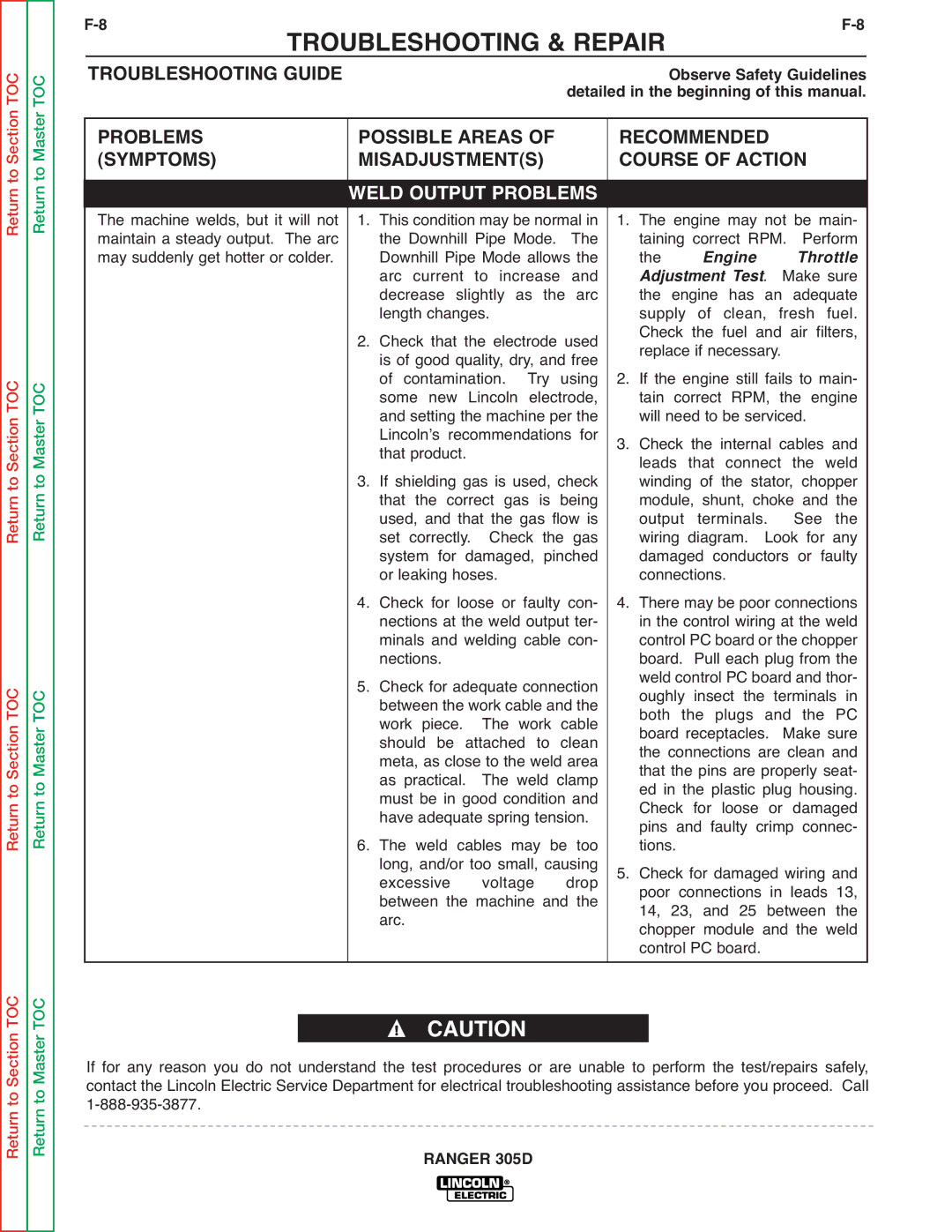 Lincoln Electric SVM175-A service manual Observe Safety Guidelines, Adjustment Test 