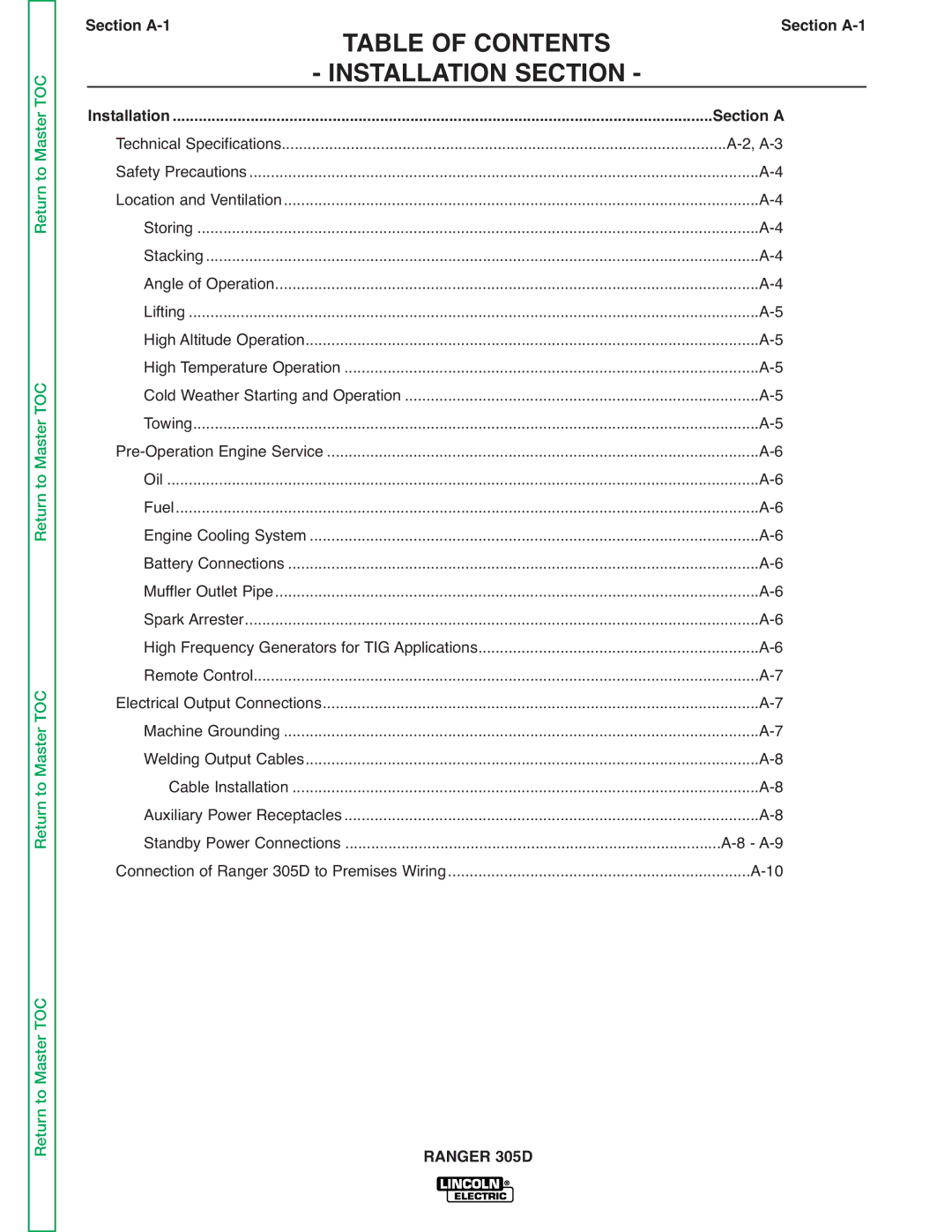 Lincoln Electric SVM175-A service manual Table of Contents, Installation Section, Section A-1 