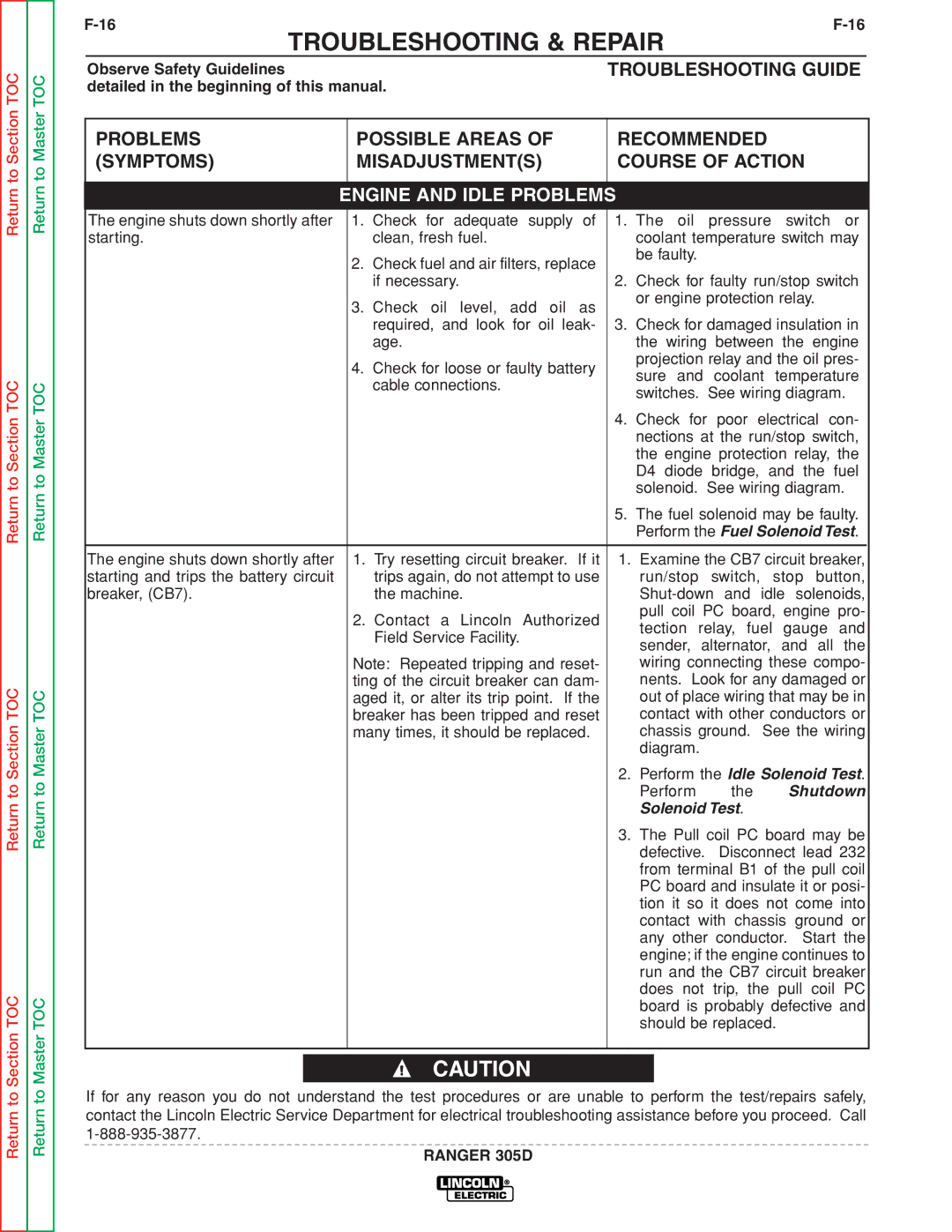 Lincoln Electric SVM175-A service manual Perform the Fuel Solenoid Test, Perform the Idle Solenoid Test, Shutdown 