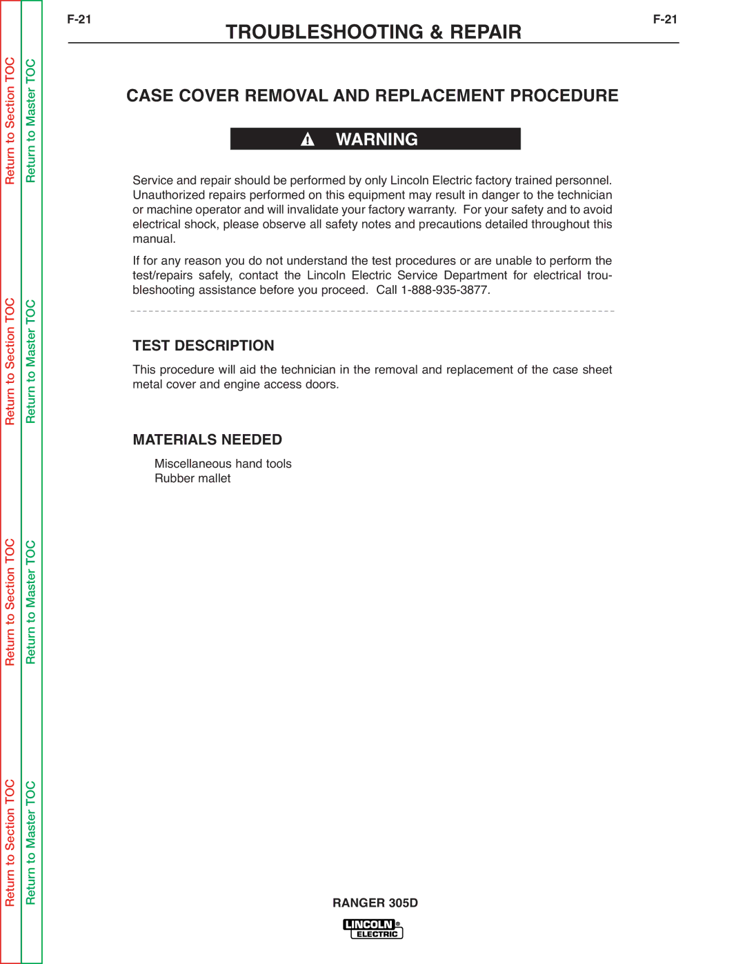 Lincoln Electric SVM175-A Case Cover Removal and Replacement Procedure, Test Description, Materials Needed, 21F-21 