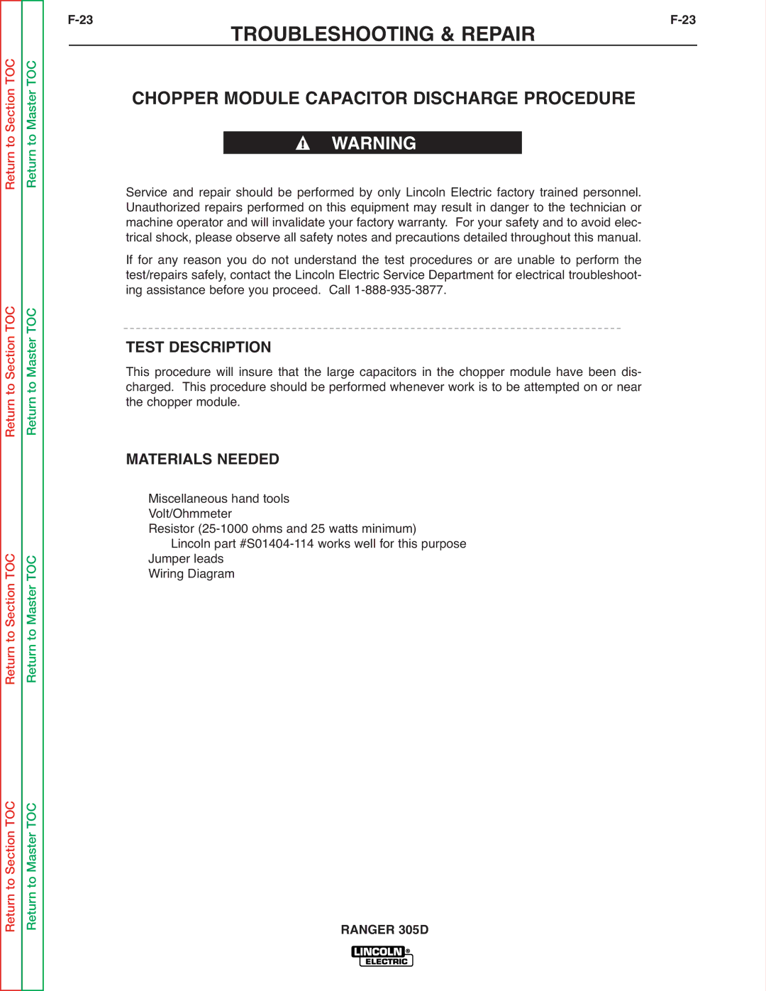 Lincoln Electric SVM175-A service manual Chopper Module Capacitor Discharge Procedure, 23F-23 