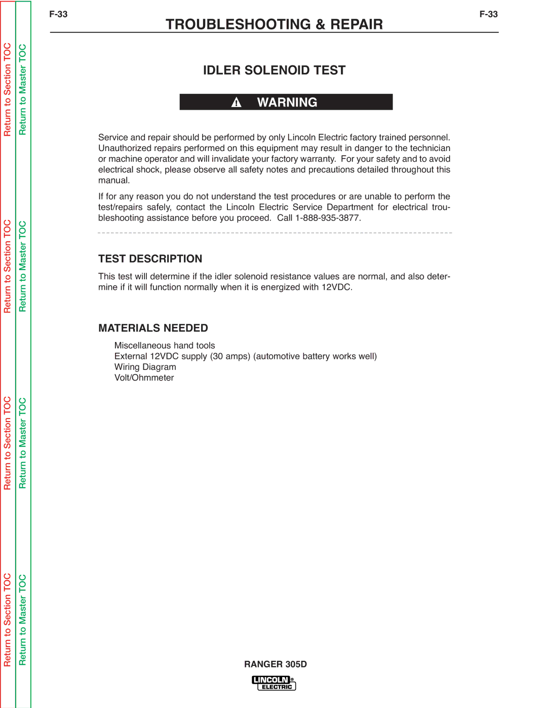 Lincoln Electric SVM175-A service manual Idler Solenoid Test, 33F-33 