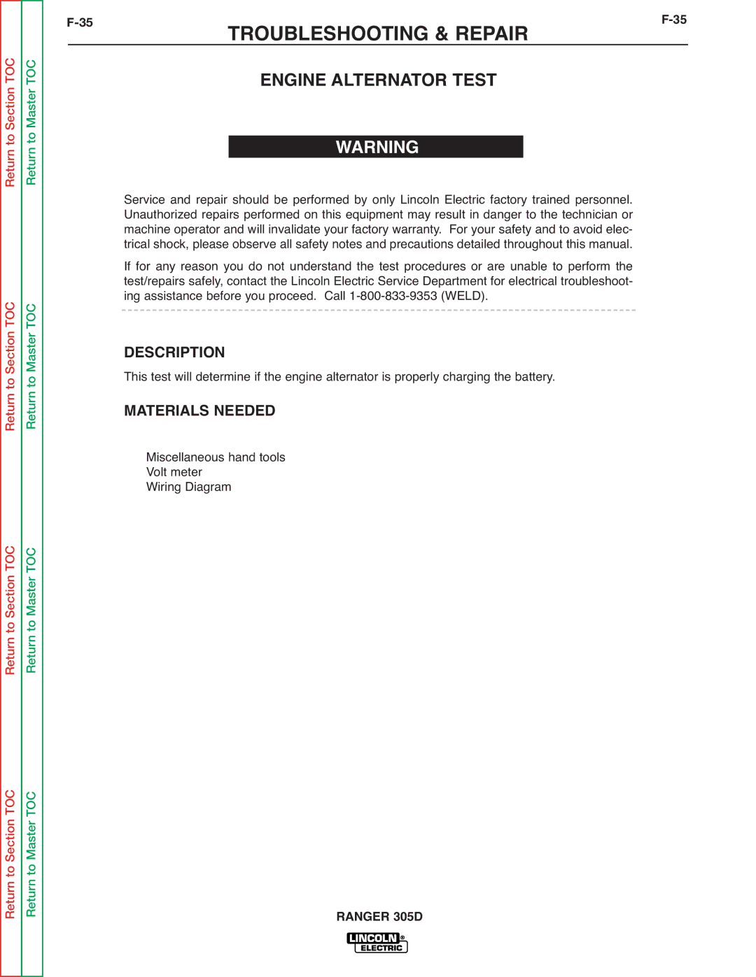 Lincoln Electric SVM175-A service manual Engine Alternator Test, Description 