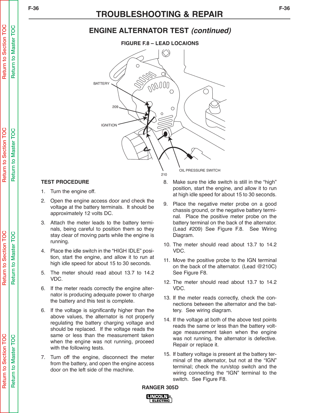 Lincoln Electric SVM175-A service manual 36TROUBLESHOOTING & REPAIRF-36, Engine Alternator Test, Test Procedure 