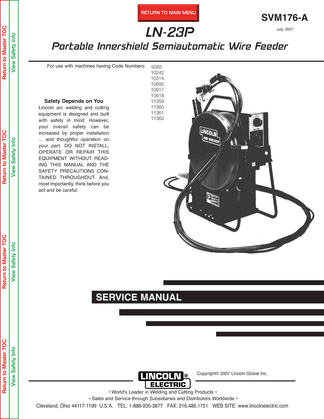 Lincoln Electric SVM176-A service manual LN-23P, Safety Depends on You 