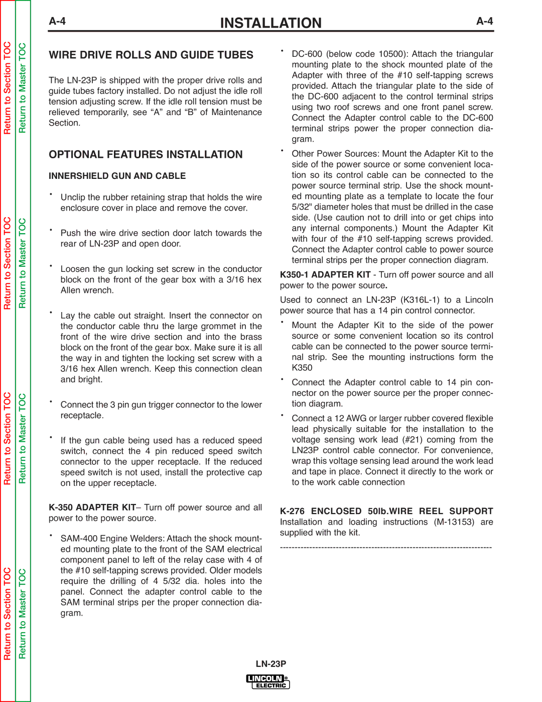 Lincoln Electric SVM176-A Wire Drive Rolls and Guide Tubes, Optional Features Installation, Innershield GUN and Cable 