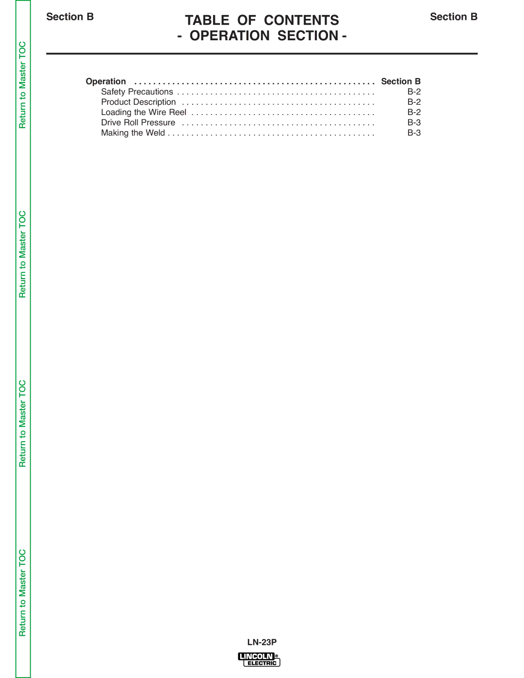 Lincoln Electric SVM176-A service manual Table of Contents, Operation Section B 