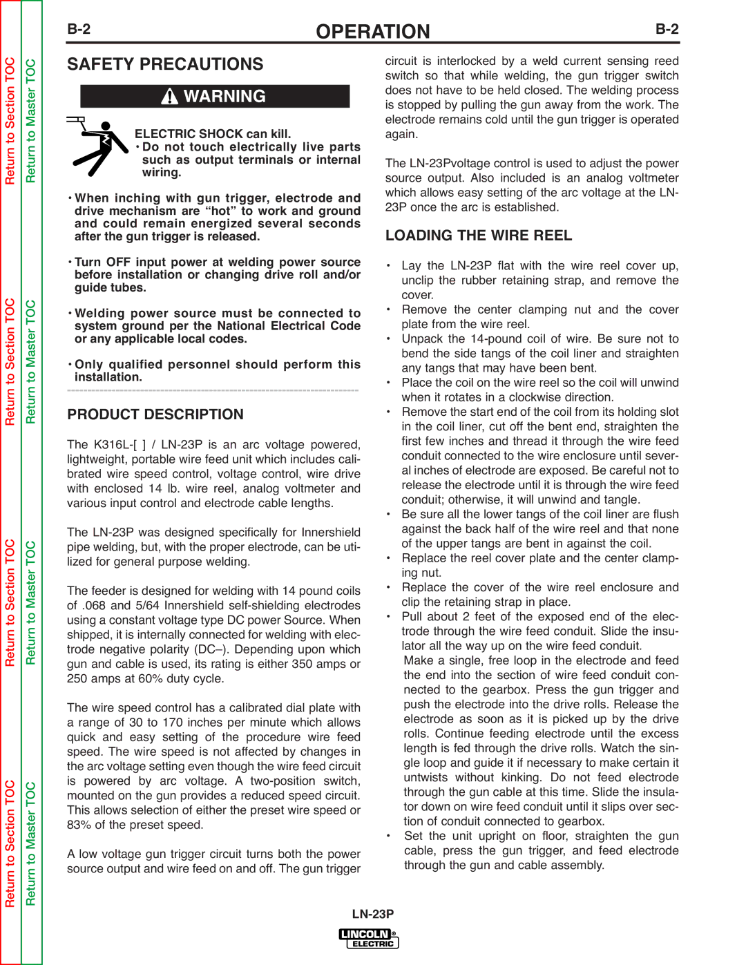 Lincoln Electric SVM176-A service manual Operation, Loading the Wire Reel, Product Description 